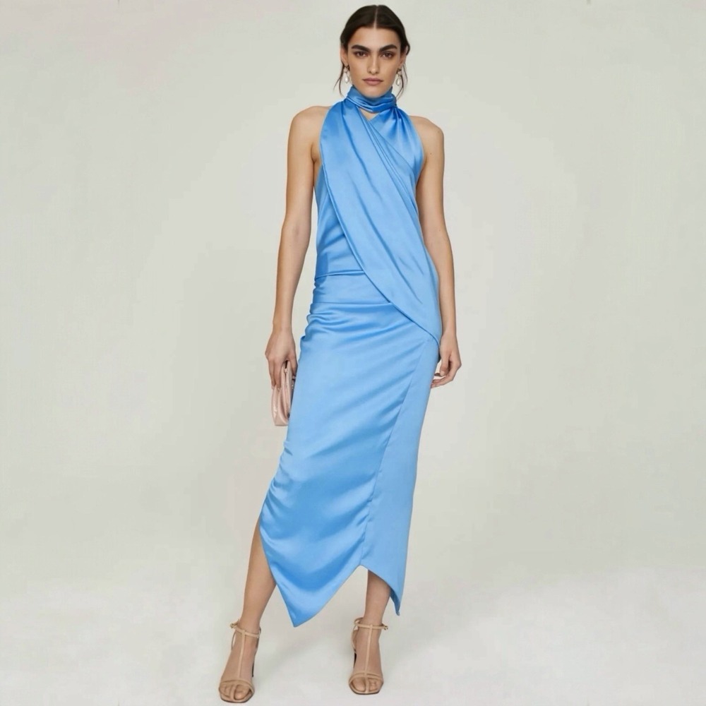 ARIAS Satin Draped Asymmetric Midi Dress In Blue Size 8‎ High Neck Ruched Flawed